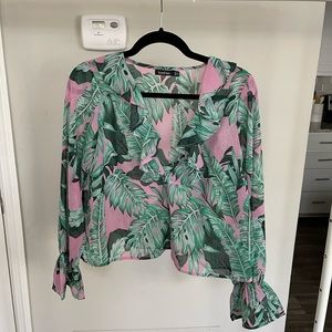 Palm Print ruffle blouse and short matching set
